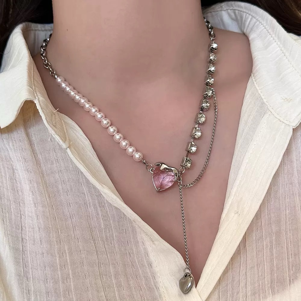 Layered Pink Heart Pearl & Silver Chain Necklace